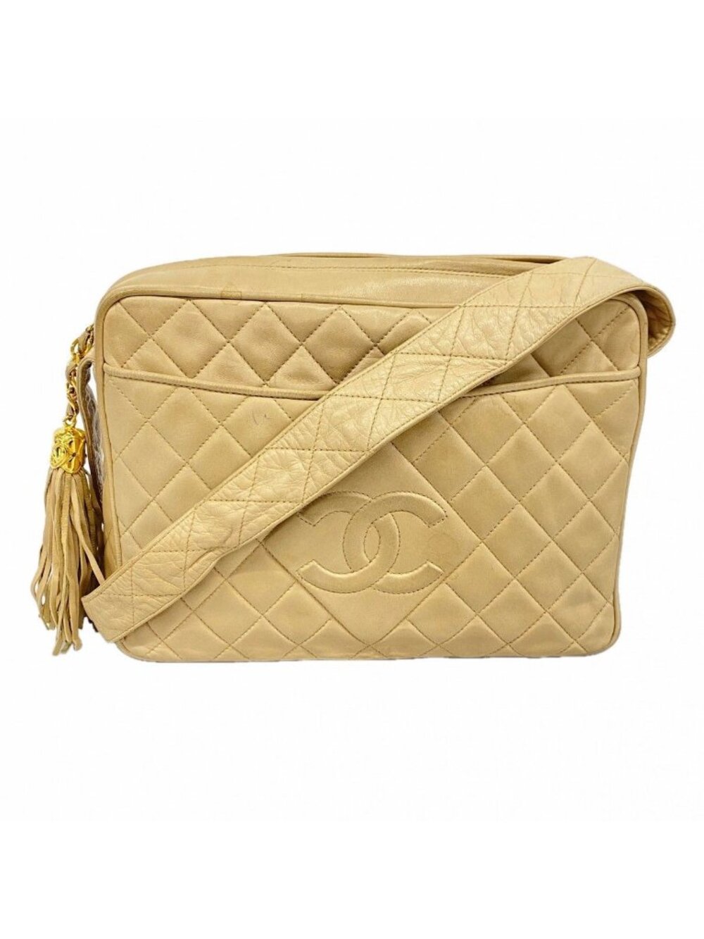 Chanel Shoulder Bag Quilted Lambskin Beige Gold